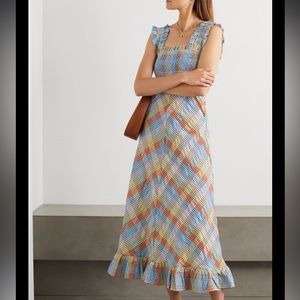 GANNI-Ruffled Smocked Checked Cotton-blend Seersucker Midi